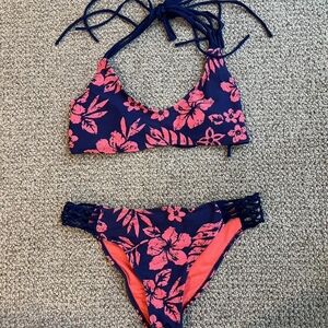 Floral Print Women's Bikini - Navy and Pink